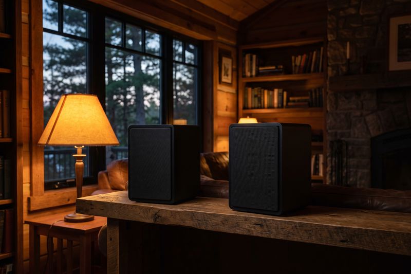 Two matte black bookshelf speakers on a timber shelf in a warm, dark cottage room
