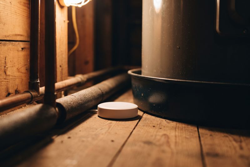 A small round leak sensor on the timber floor beside copper pipes and a water heater