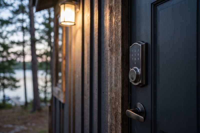 A keypad smart lock on the dark timber door of a lake cottage at dusk